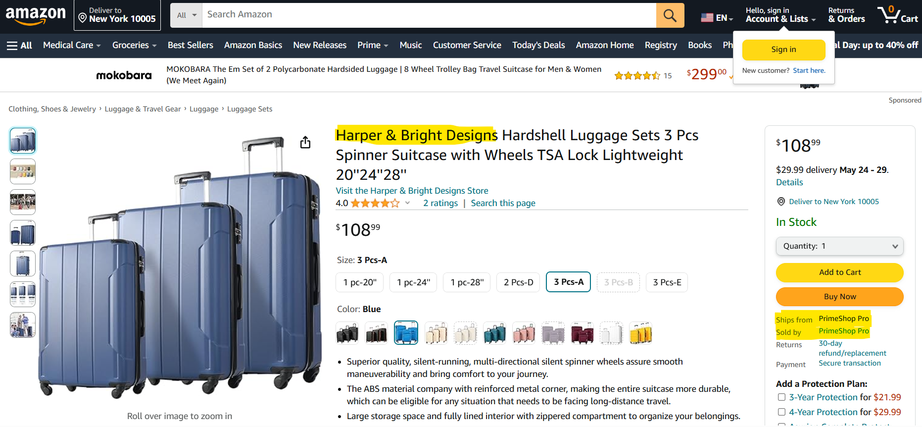 A computer screen shot of a luggage Description automatically generated